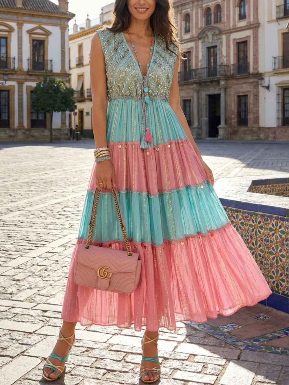 Boho Hand Embroidered Tiered Maxi Dress in Magenta
